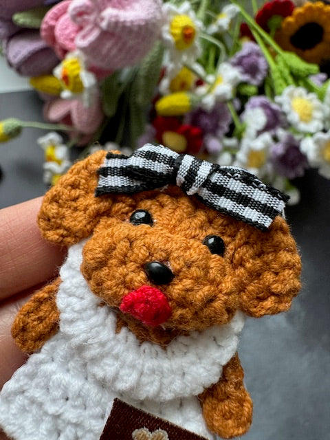 Brown Puppy dog in white dress Brooch/Pin