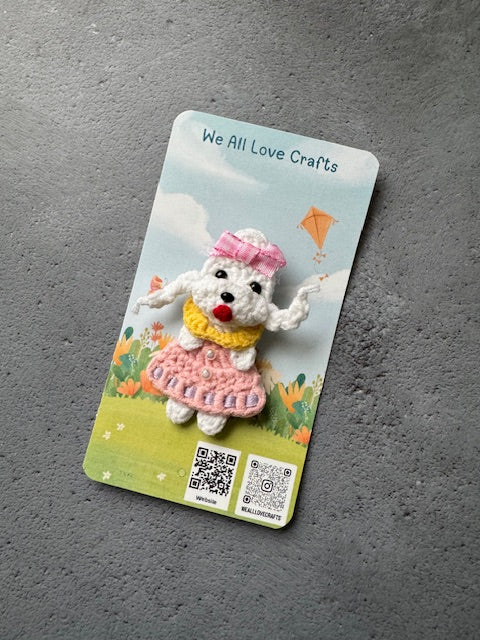 White Poodle Puppy dog with braids in Pink dress Brooch/Pin