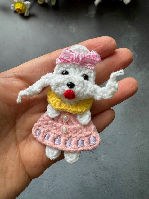 White Poodle Puppy dog with braids in Pink dress Brooch/Pin