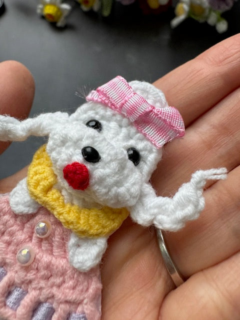 White Poodle Puppy dog with braids in Pink dress Brooch/Pin