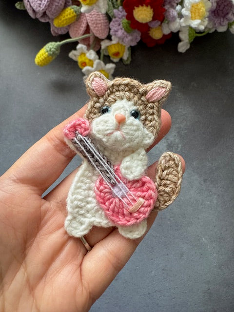 Brown and white Kitty Cat with Pink Guitar Brooch/Pin