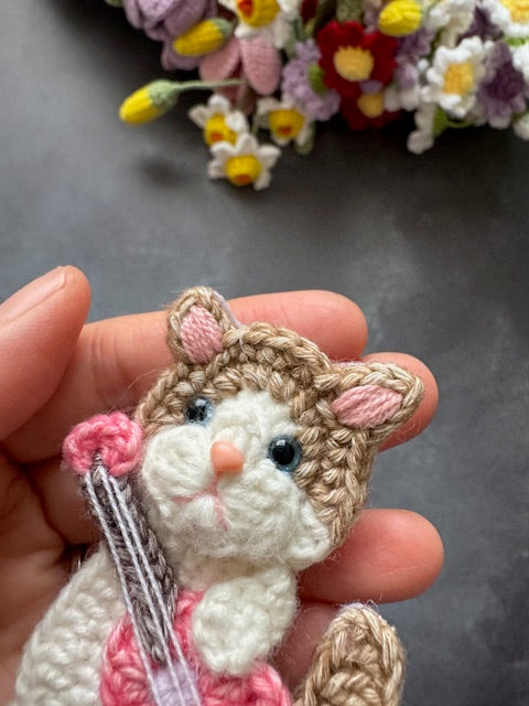 Brown and white Kitty Cat with Pink Guitar Brooch/Pin