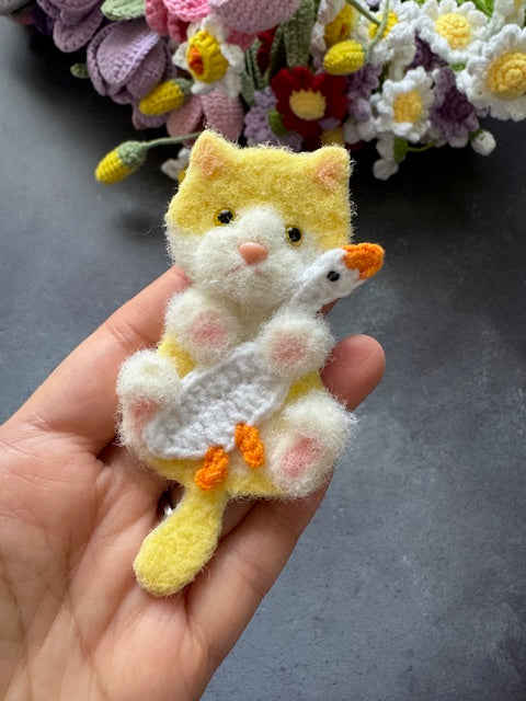 Kitty Cat with white goose Brooch/Pin (Cotton candy yarn version)