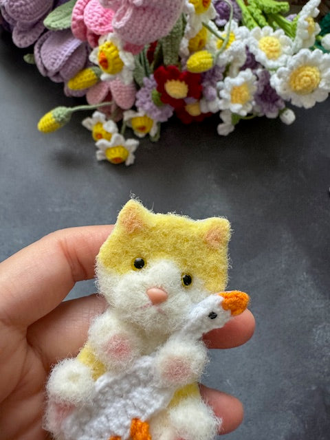 Kitty Cat with white goose Brooch/Pin (Cotton candy yarn version)