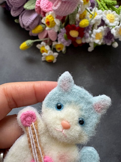 Blue and white Kitty Cat with Pink Guitar Brooch/Pin