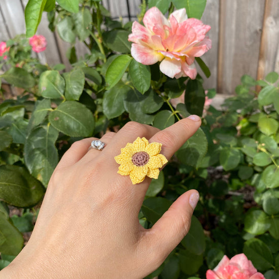 Yellow Sunflower Ring/Microcrochet/14k gold metal ring/fall flower gift for her/Knitting handmade jewelry