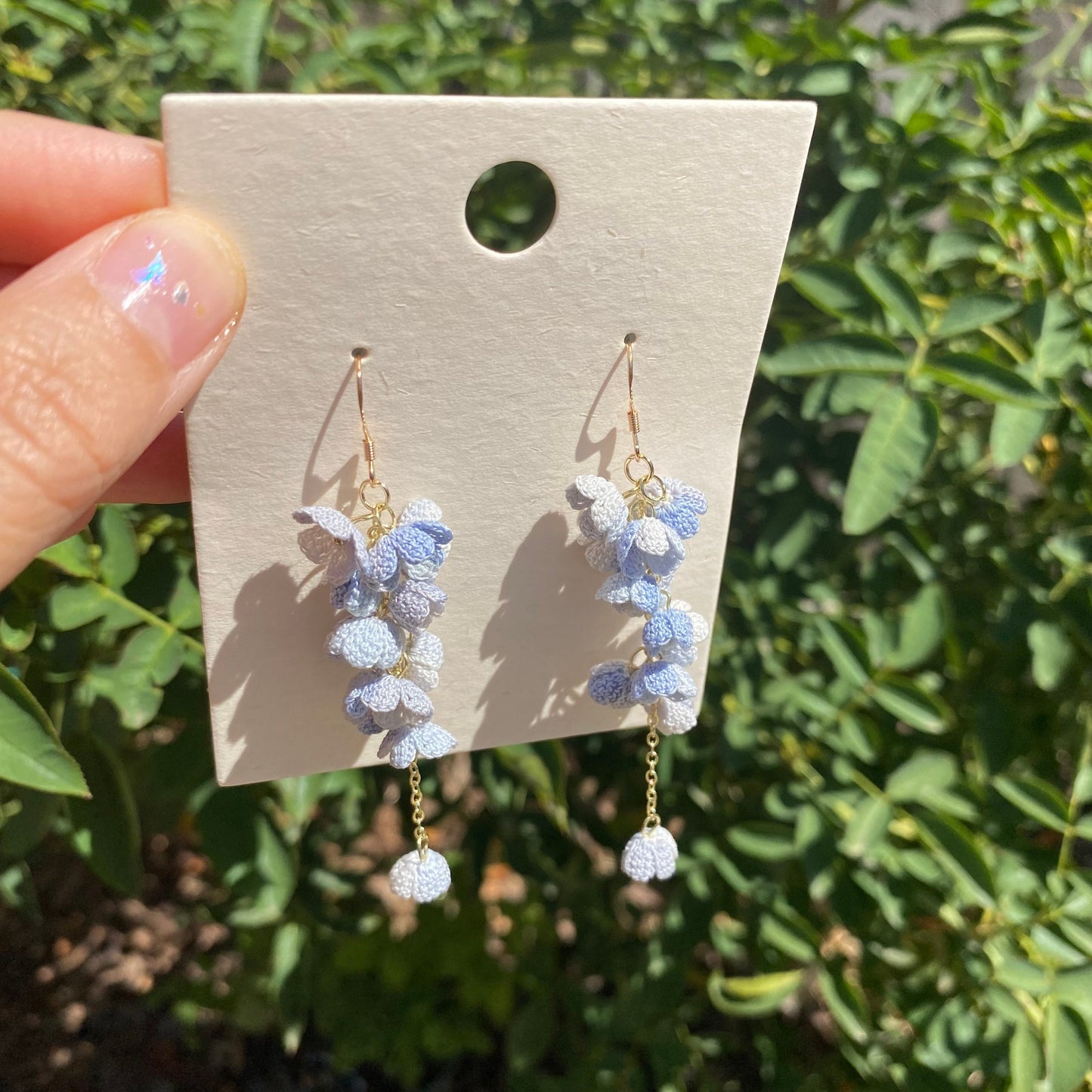 Foggy blue Ombre flower cluster crochet dangle earrings/Microcrochet/14k gold/gift for her/Knitting handmade jewelry