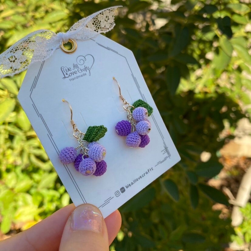 Purple grapes with leaf crochet dangled earrings/Microcrochet/14k gold jewelry/Summer fruit gift for her/Ship from US