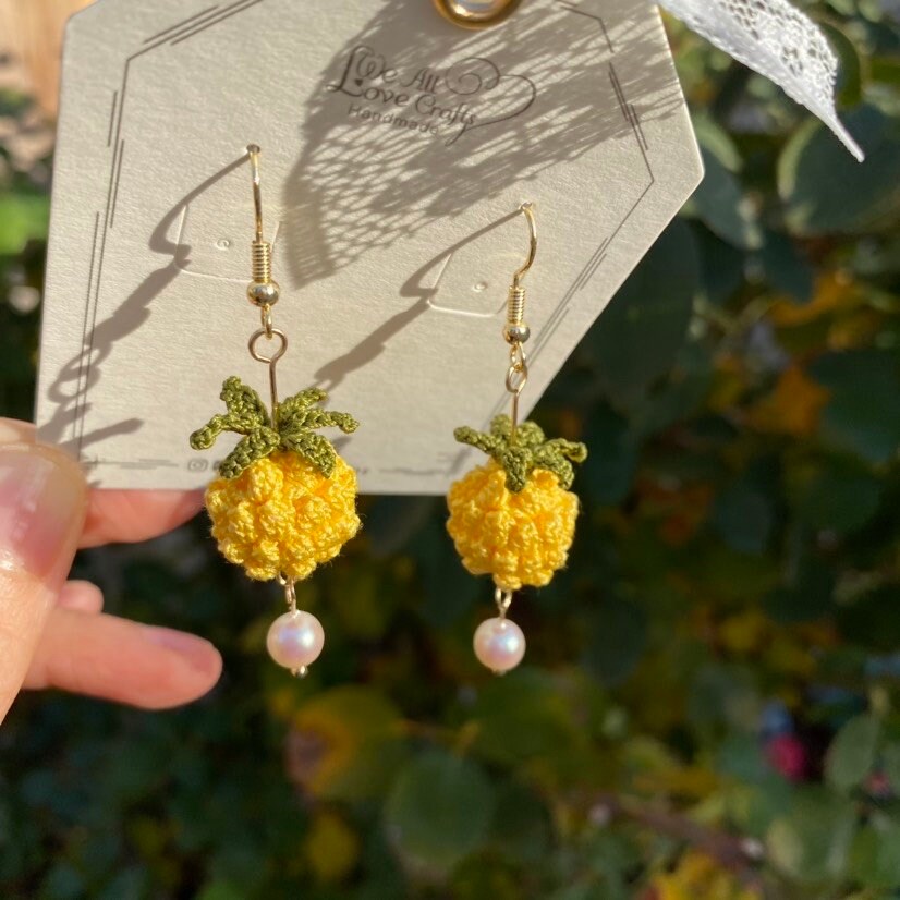 Pineapple crochet dangled Asymmetrical earrings/Microcrochet/14k gold jewelry/Summer tropical fruit and vegetable gift for her/Ship from US