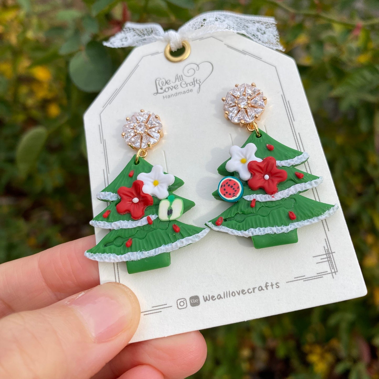 Christmas tree Polymer clay earrings with rhinestone/14k gold plated/gift for her/Unique handmade jewelry/Christmas statement jewelry