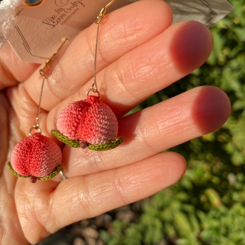 Pink cute Peach crochet dangled earrings/Microcrochet/14k gold jewelry/Summer fruit gift for her/Ship from US