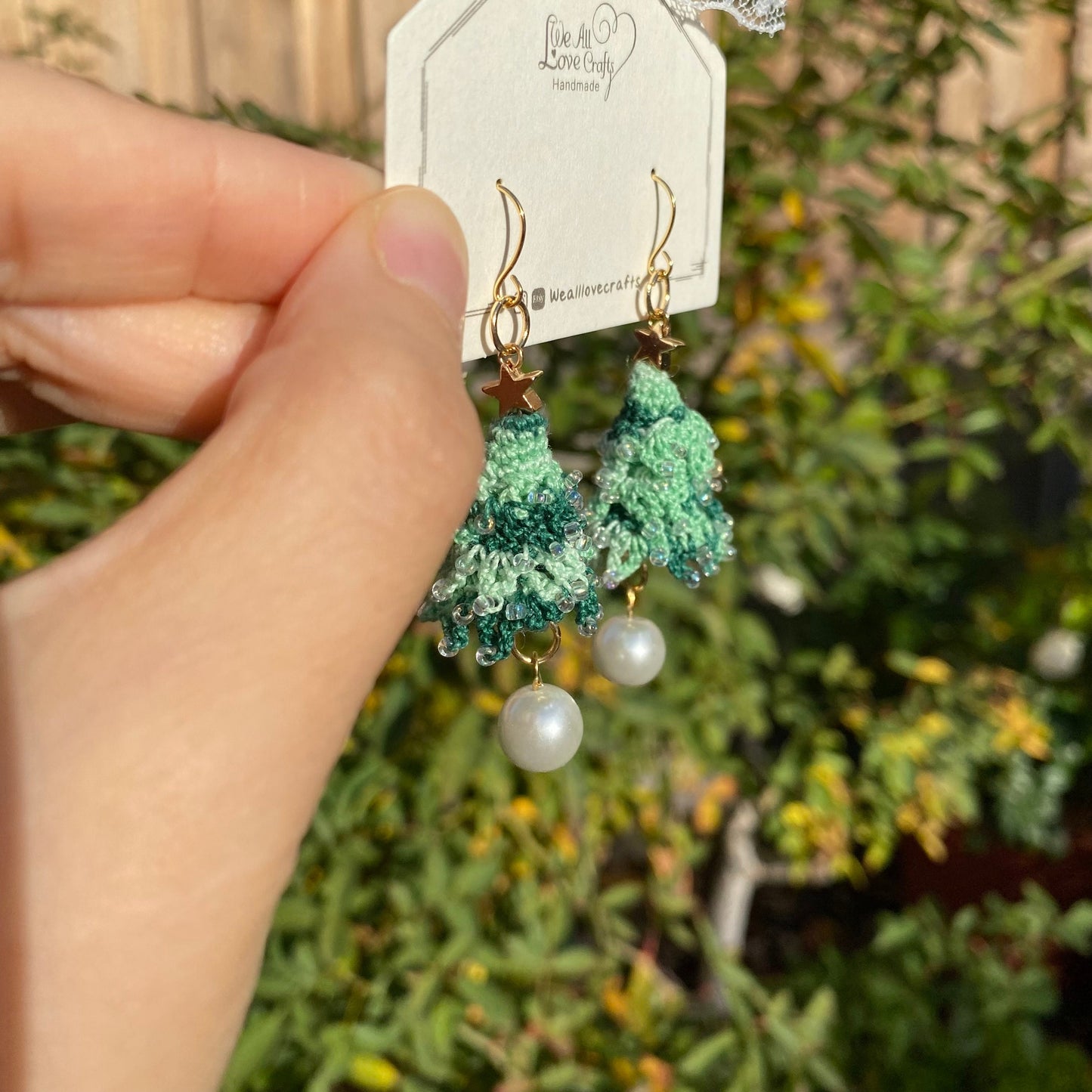 Christmas tree Lace with beads crochet dangle earrings/Microcrochet/Holiday gift for her/Knitting handmade jewelry