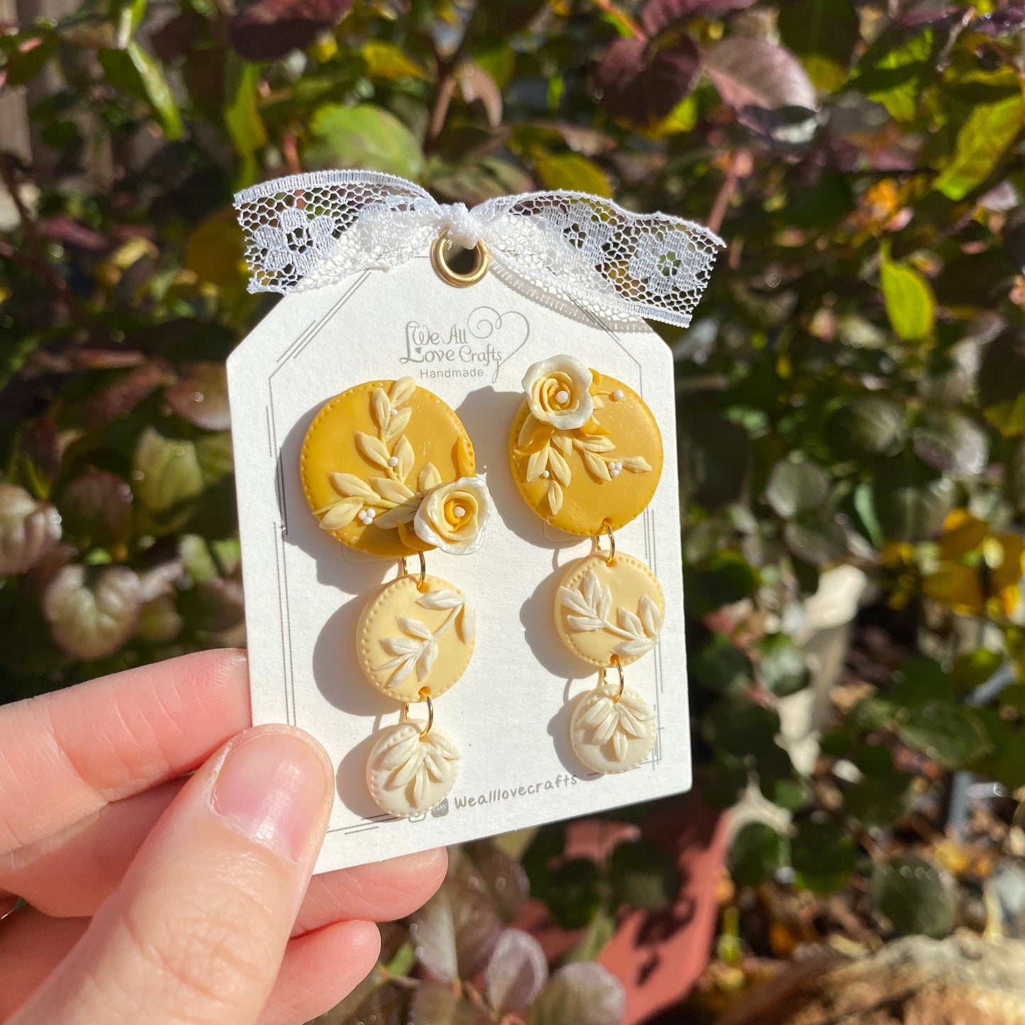 Yellow flowers polymer clay handmade dangle stud earrings/Anniversary Wedding Birthday gift for her/925 sterling silver/Floral earth tone