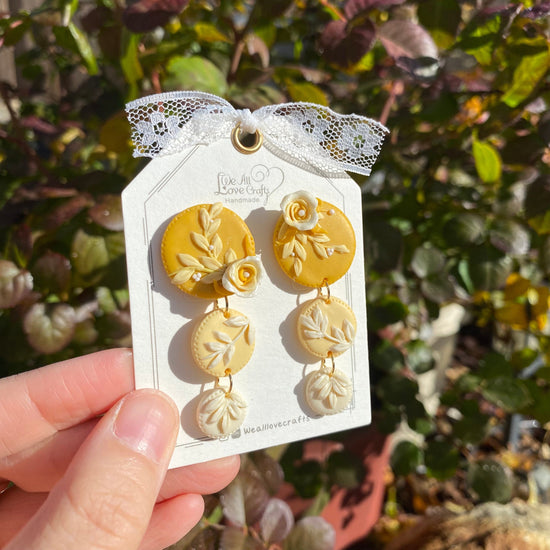 Yellow flowers polymer clay handmade dangle stud earrings/Anniversary Wedding Birthday gift for her/925 sterling silver/Floral earth tone