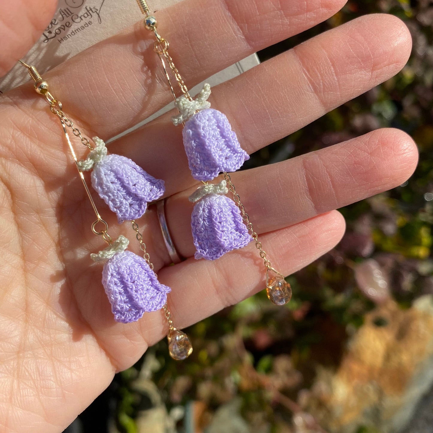 Purple bell shaped clematis flower ring crochet dangle earrings/Microcrochet/925 sterling silver/gift for her/Knitting handmade jewelry