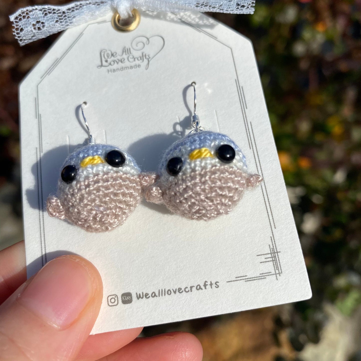 Blue and Gray 3D Amigurumi Kawaii Penguin crochet dangled earrings/Microcrochet/925 Sterling silver jewelry/gift for her/Ship from US