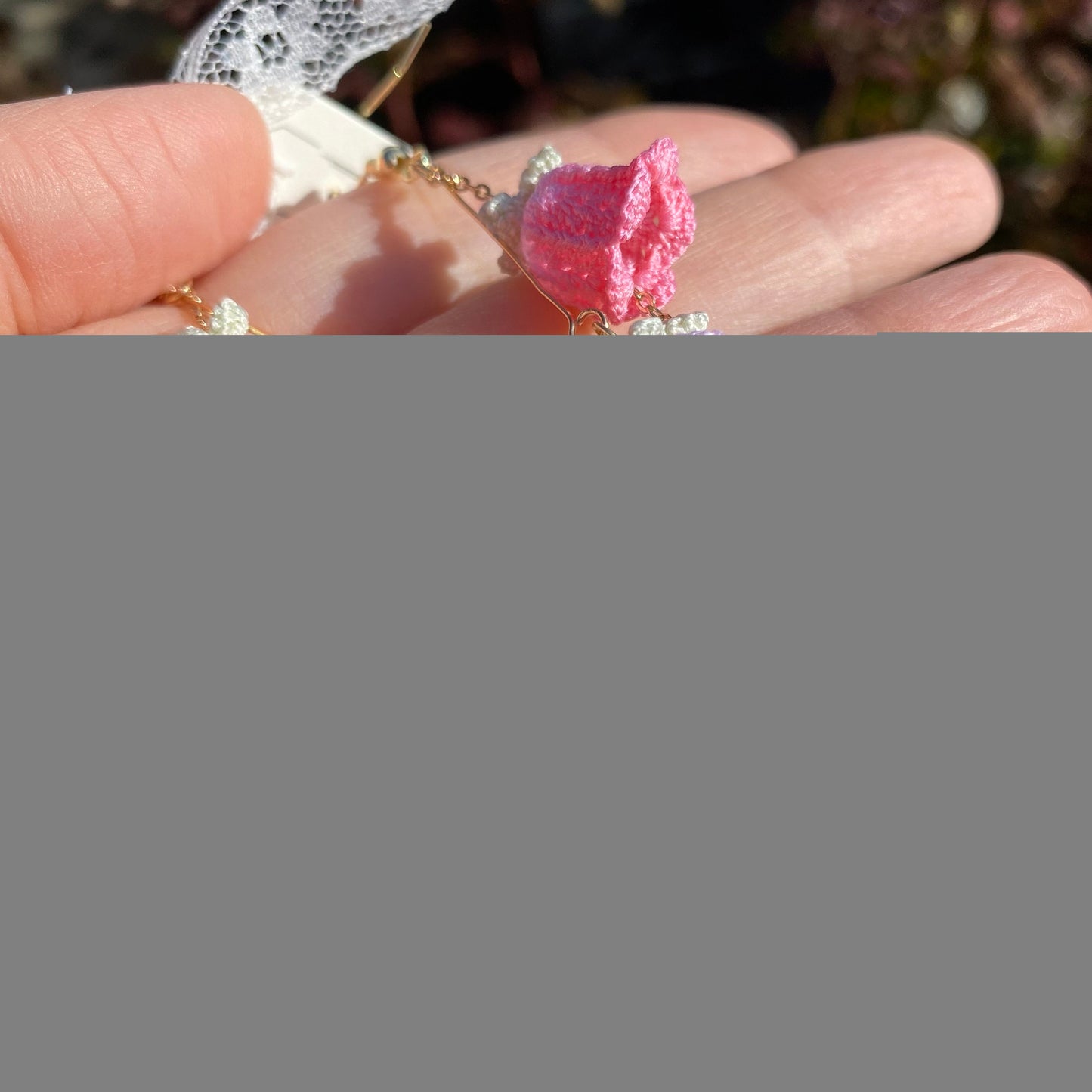Pink bell shaped clematis flower ring crochet dangle earrings/Microcrochet/14k gold plated/gift for her/Knitting handmade jewelry