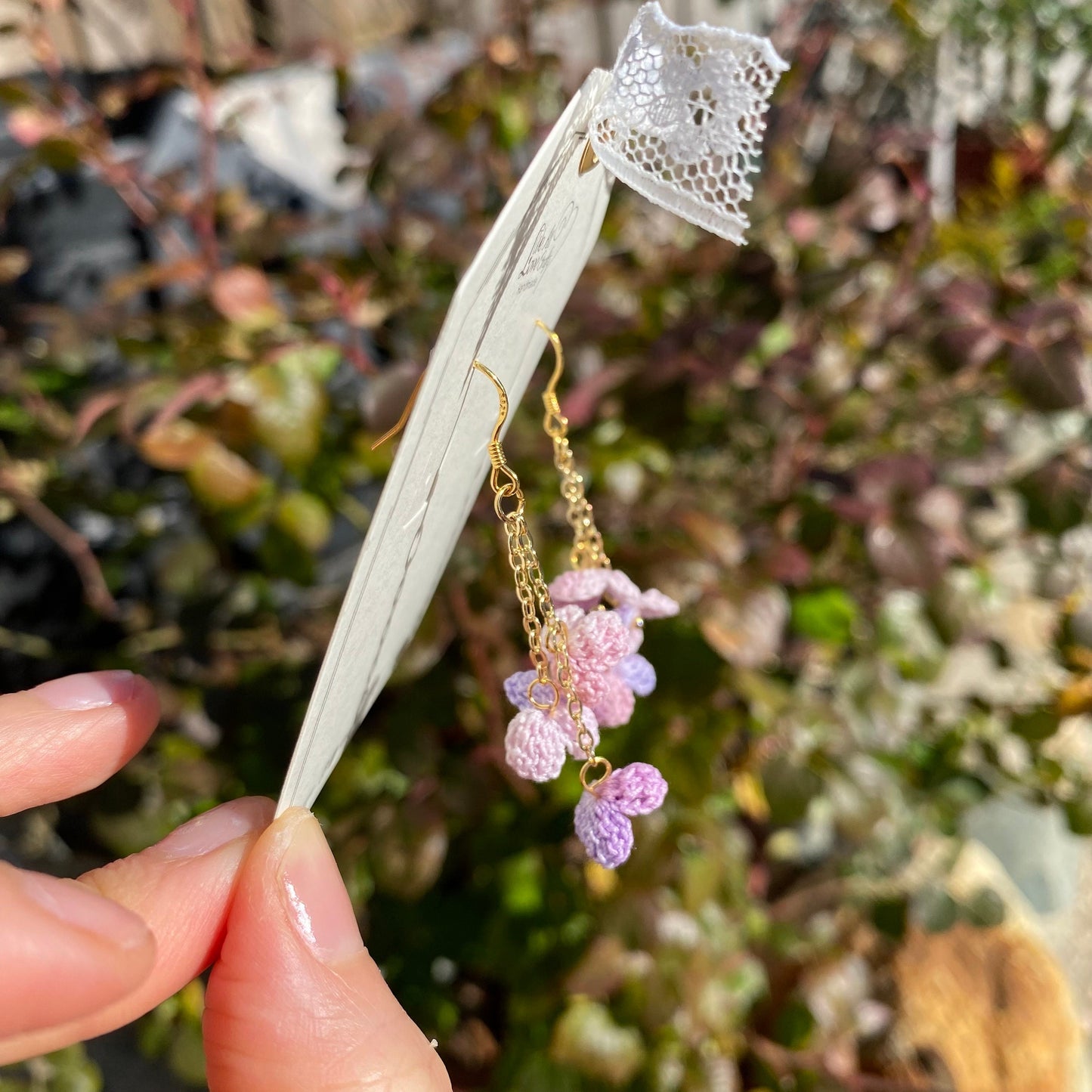 Pink and purple ombre flower cluster crochet dangle earrings/Microcrochet/14k gold/gift for her/Knitting handmade jewelry