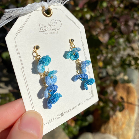Blue ombre flower cluster crochet dangle stud earrings/Micro crochet/14k gold/gift for her/Knitting handmade jewelry