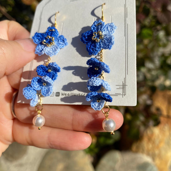 Indigo Dark Blue ombre Cherry blossom flower cluster crochet dangle earrings/Micro crochet/14k gold/gift for her/Knitting handmade jewelry