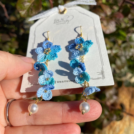 Blue ombre Cherry blossom flower cluster crochet dangle earrings/Micro crochet/14k gold/gift for her/Knitting handmade jewelry