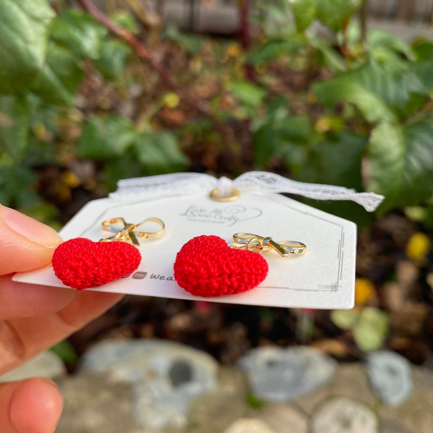 Red 3D heart with gold bow tie crochet stud earrings/Microcrochet/14k gold plated/Valentine's day gift for her/Knitting handmade jewelry