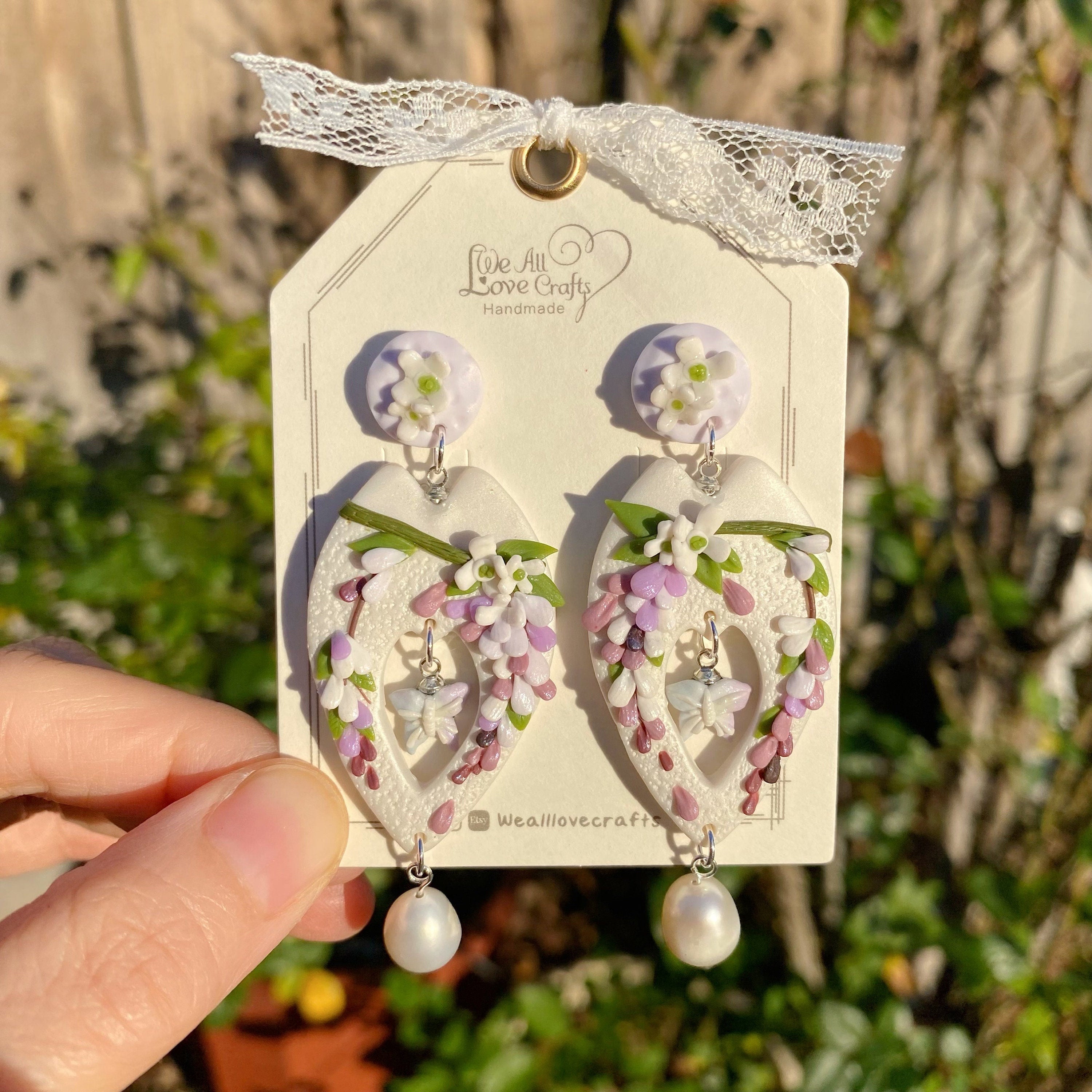 Purple Wisteria branch bouquet Polymer Clay handmade stud earrings/Flo