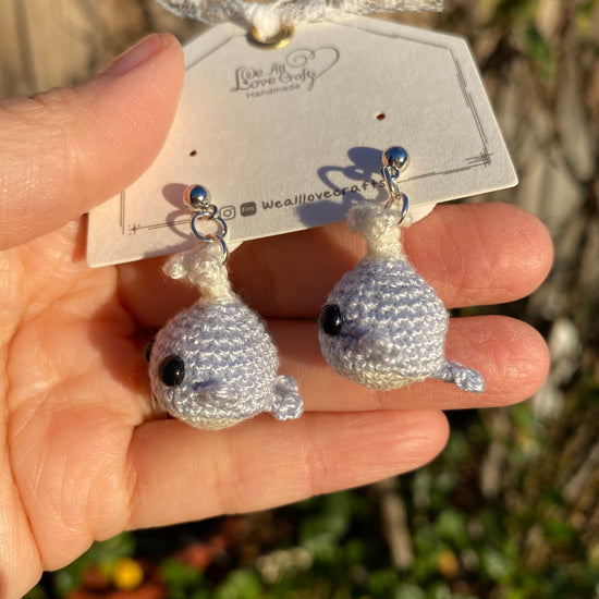 Blue and white 3D Amigurumi Kawaii whale crochet stud earrings/Microcrochet/925 Sterling silver jewelry/gift for her/Ship from US
