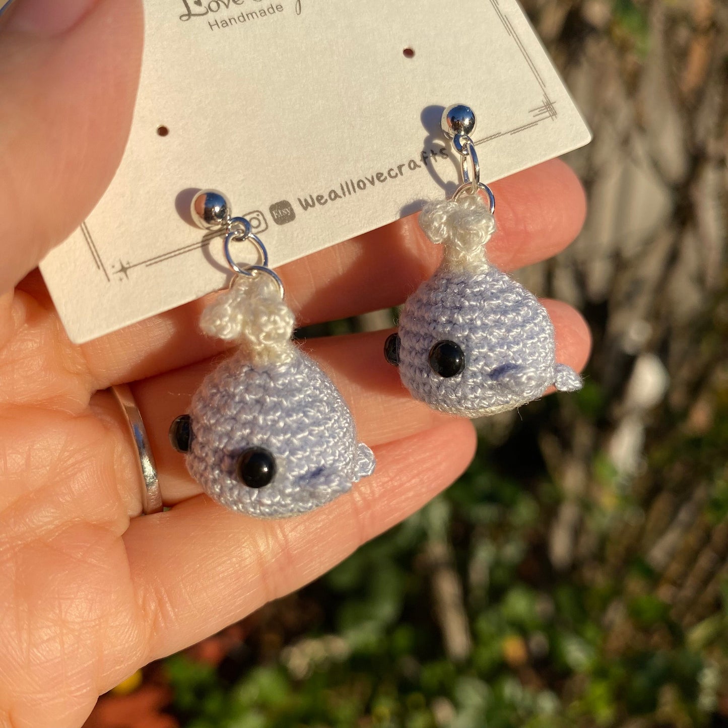 Blue and white 3D Amigurumi Kawaii whale crochet stud earrings/Microcrochet/925 Sterling silver jewelry/gift for her/Ship from US