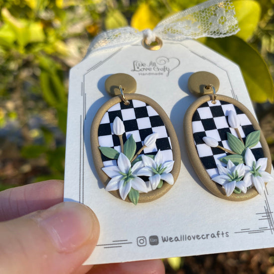 Black and White Checkerboard background Polymer Clay handmade earrings with Lily flower/14k s925 sterling sliver mod clay/Geometry Statement