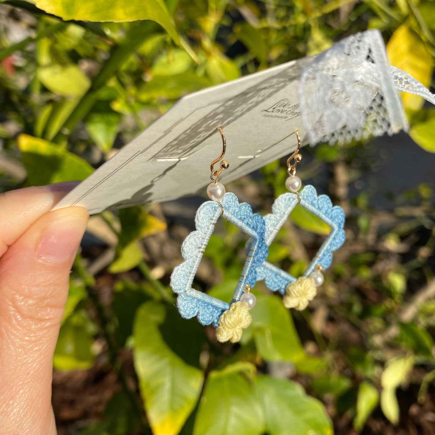 Ombre dark blue with yellow flower and pearl crochet earrings in square shape/Microcrochet /geometry jewelry/gift for her/Ship from US