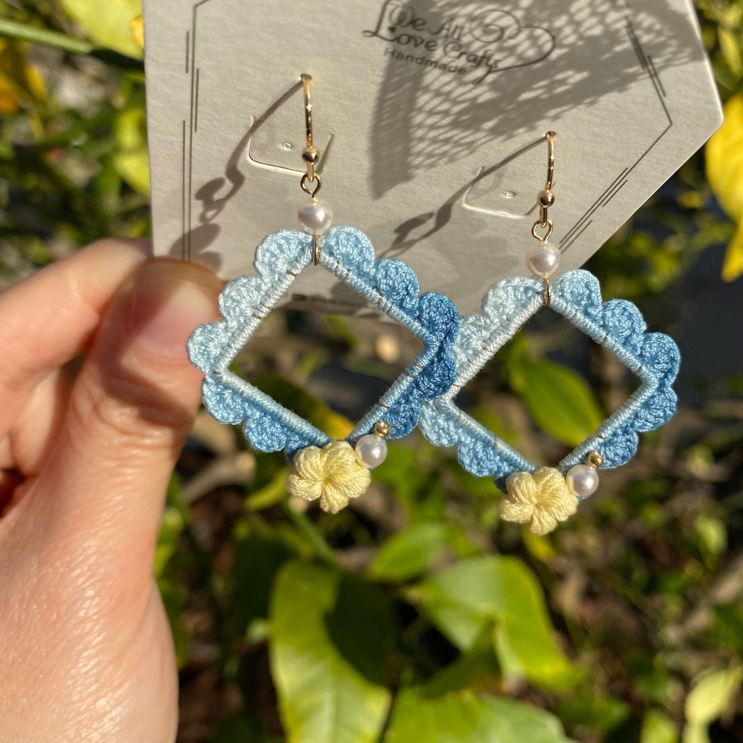 Ombre dark blue with yellow flower and pearl crochet earrings in square shape/Microcrochet /geometry jewelry/gift for her/Ship from US