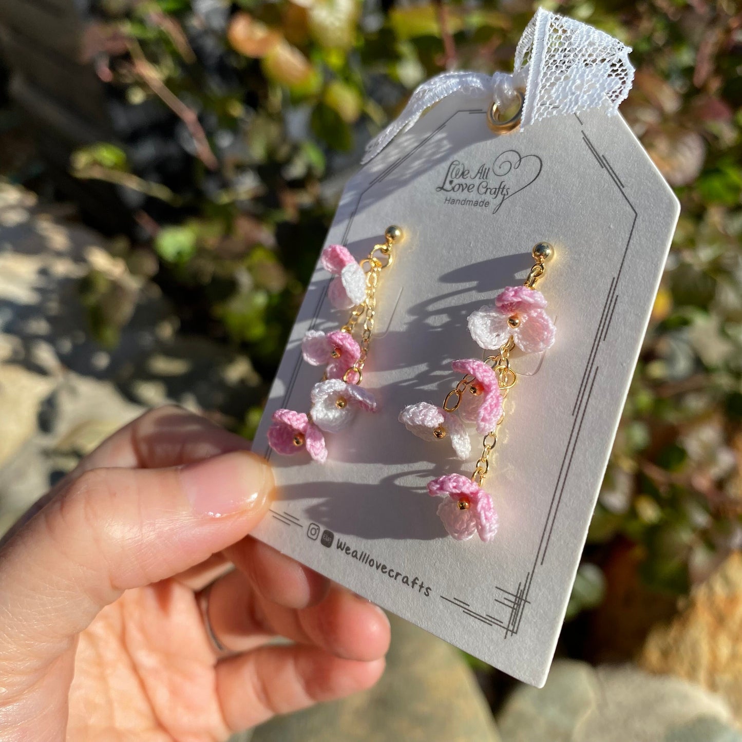 Pink ombre flower cluster crochet dangle stud earrings/Micro crochet/14k gold/gift for her/Knitting handmade jewelry