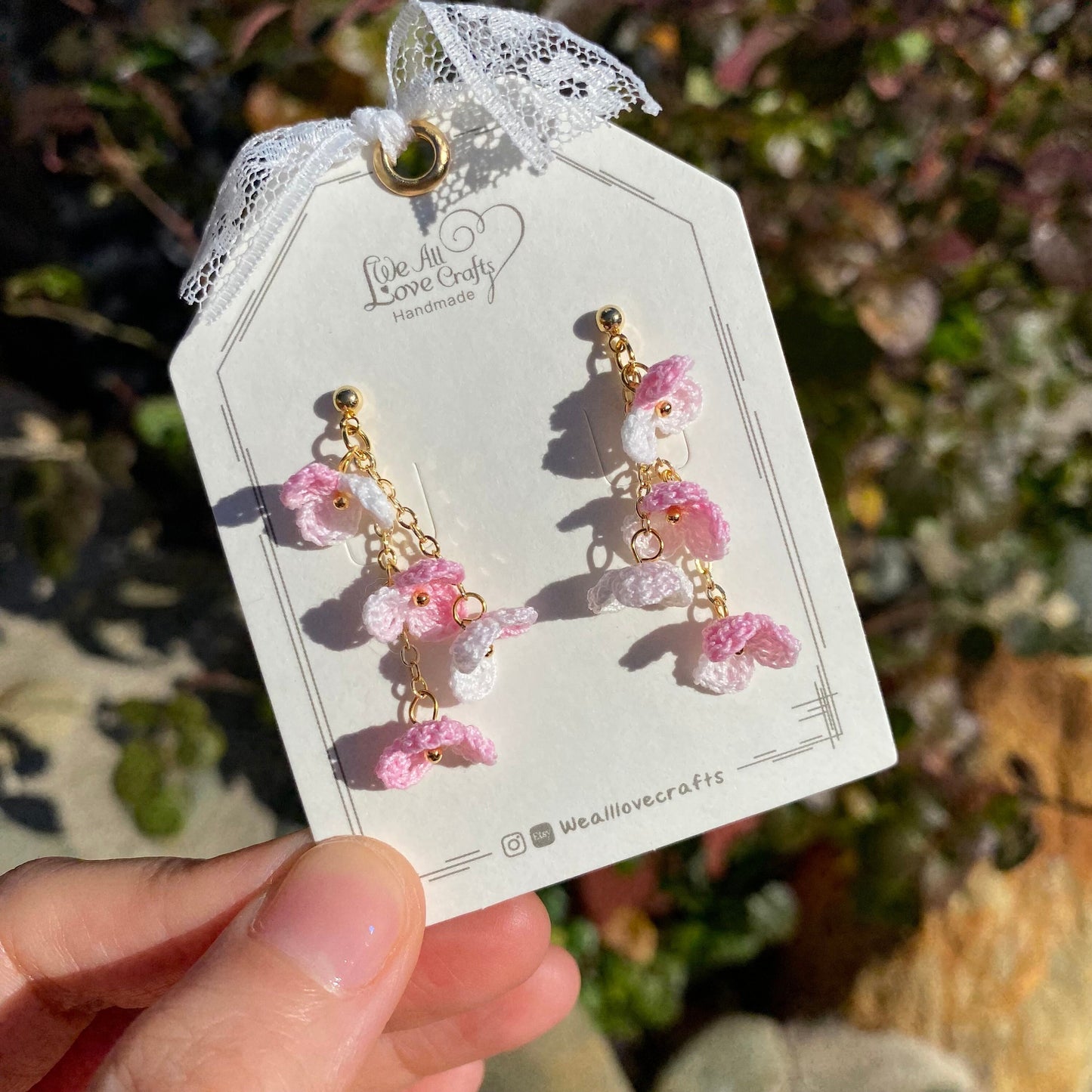 Pink ombre flower cluster crochet dangle stud earrings/Micro crochet/14k gold/gift for her/Knitting handmade jewelry