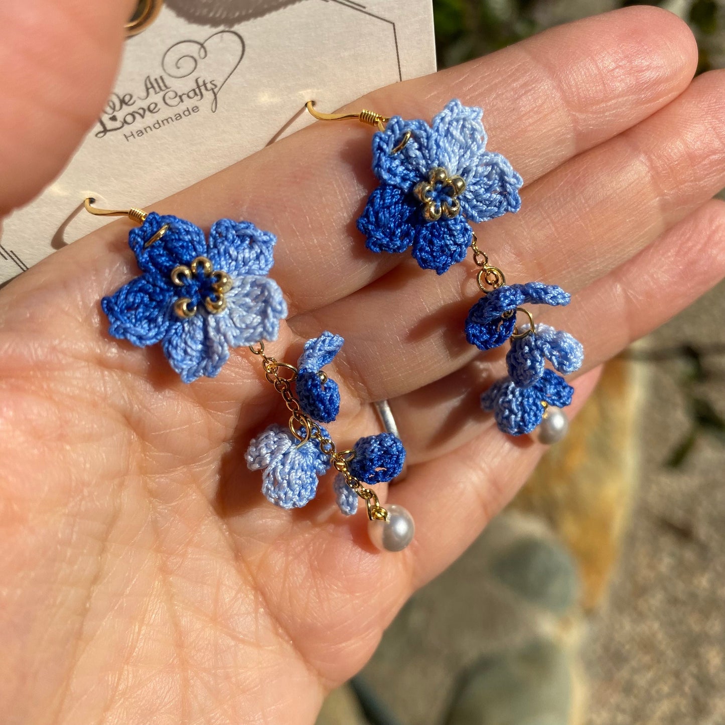 Indigo Dark Blue ombre Cherry blossom flower cluster crochet dangle earrings/Micro crochet/14k gold/gift for her/Knitting handmade jewelry