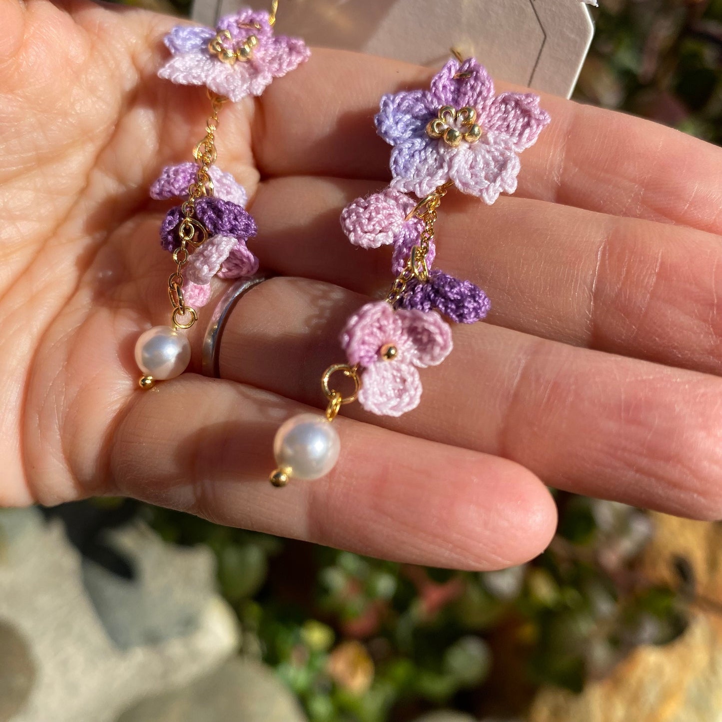 Purple and Pink ombre Cherry blossom flower cluster crochet dangle earrings/Micro crochet/14k gold/gift for her/Knitting handmade jewelry