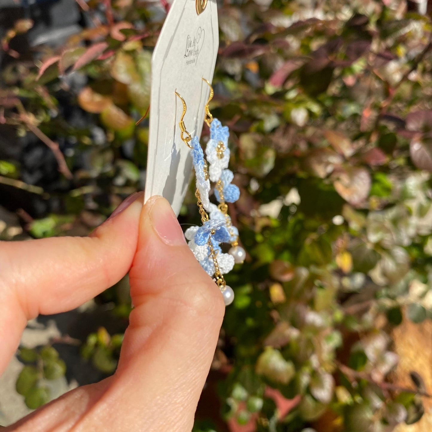 Light Blue ombre Cherry blossom flower cluster crochet dangle earrings/Micro crochet/14k gold/gift for her/Knitting handmade jewelry