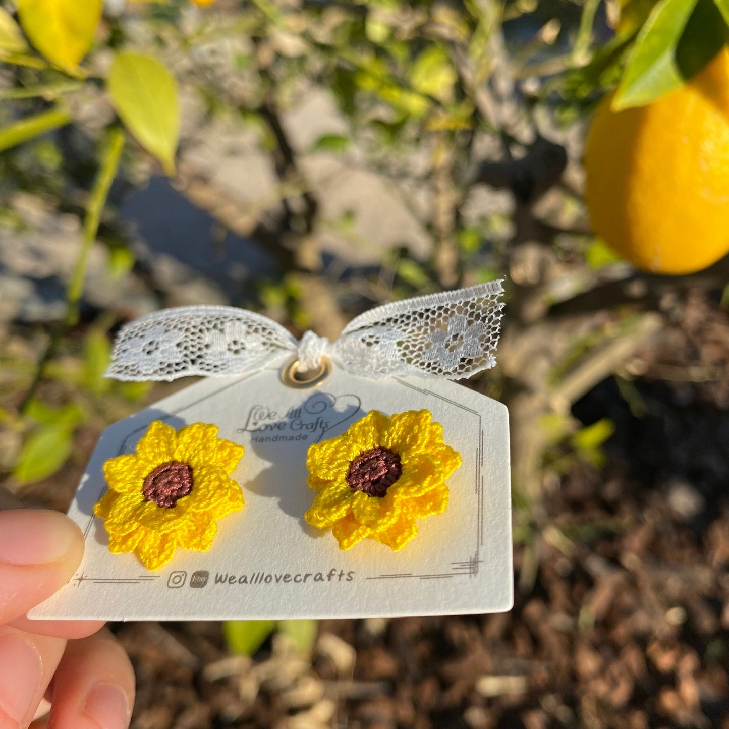 Yellow Sunflower Studs/Microcrochet/14k gold earrings/fall flower gift for her/Knitting handmade jewelry