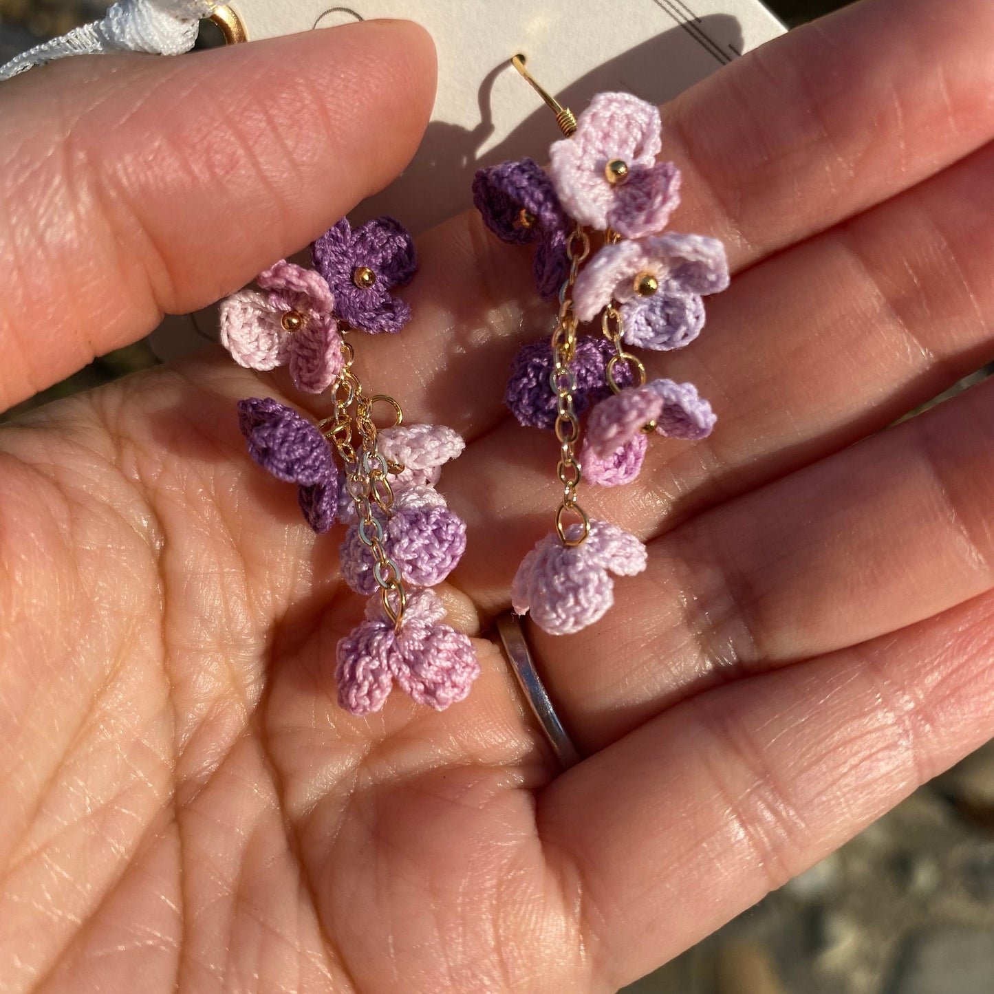 Dark Purple Pink ombre flower cluster crochet dangle stud earrings/Micro crochet/14k gold/gift for her/Knitting handmade jewelry