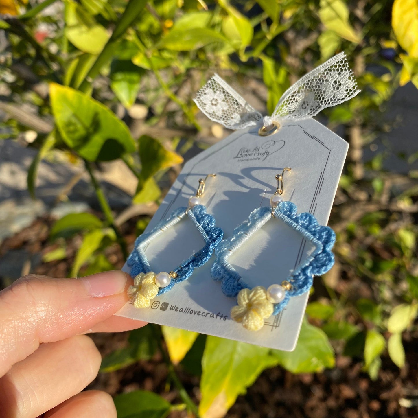 Ombre dark blue with yellow flower and pearl crochet earrings in square shape/Microcrochet /geometry jewelry/gift for her/Ship from US