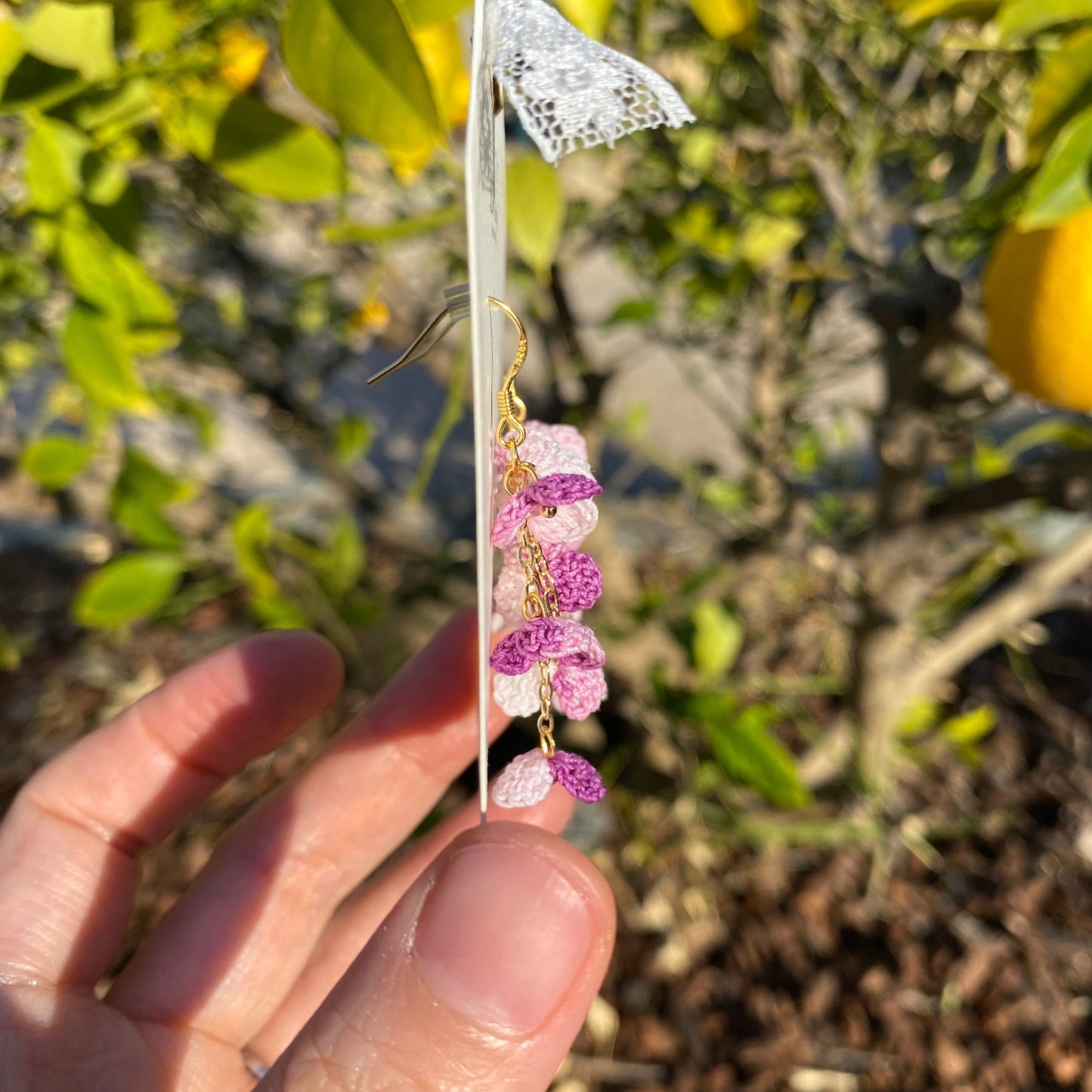 Purple Pink ombre flower cluster crochet dangle stud earrings/Micro crochet/14k gold/gift for her/Knitting handmade jewelry