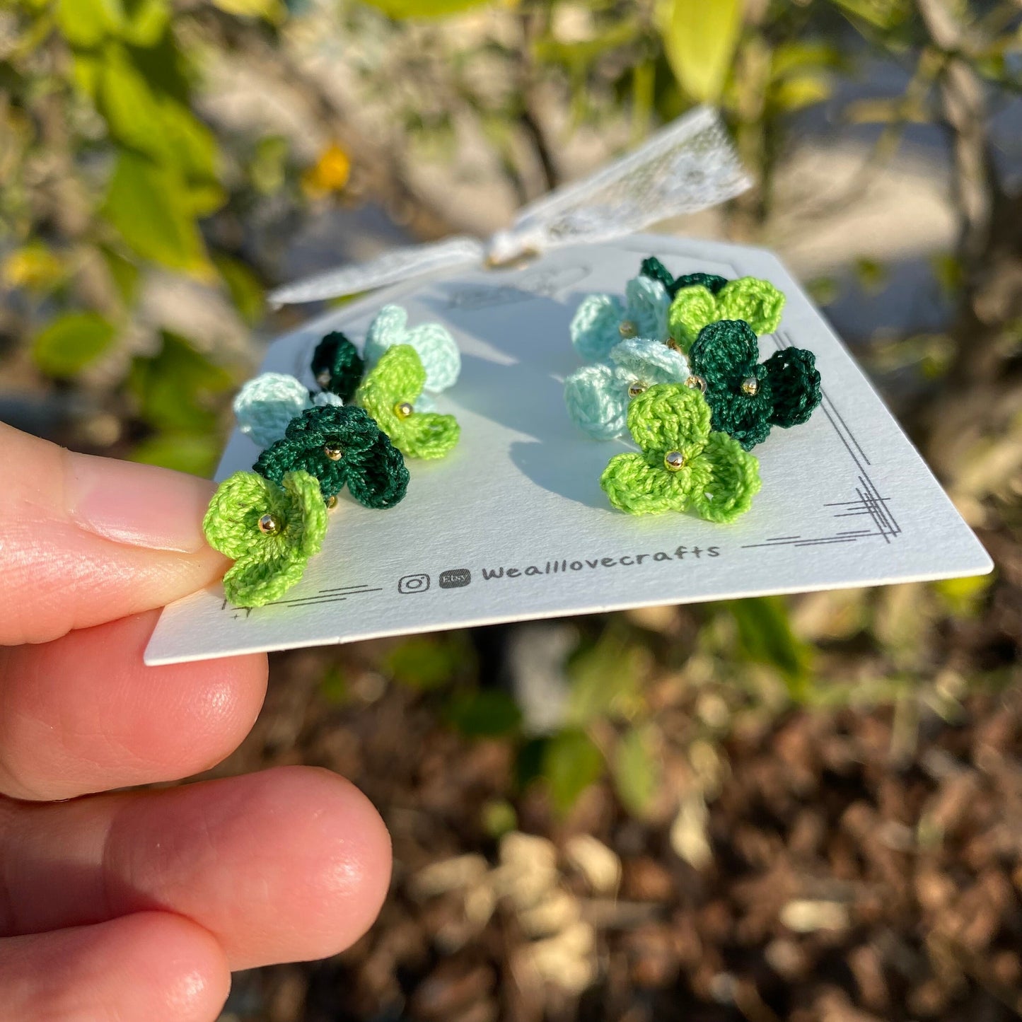 Green ombre flower cluster crochet dangle hook earrings/Micro crochet/14k gold/gift for her/Knitting handmade jewelry/Ship from US