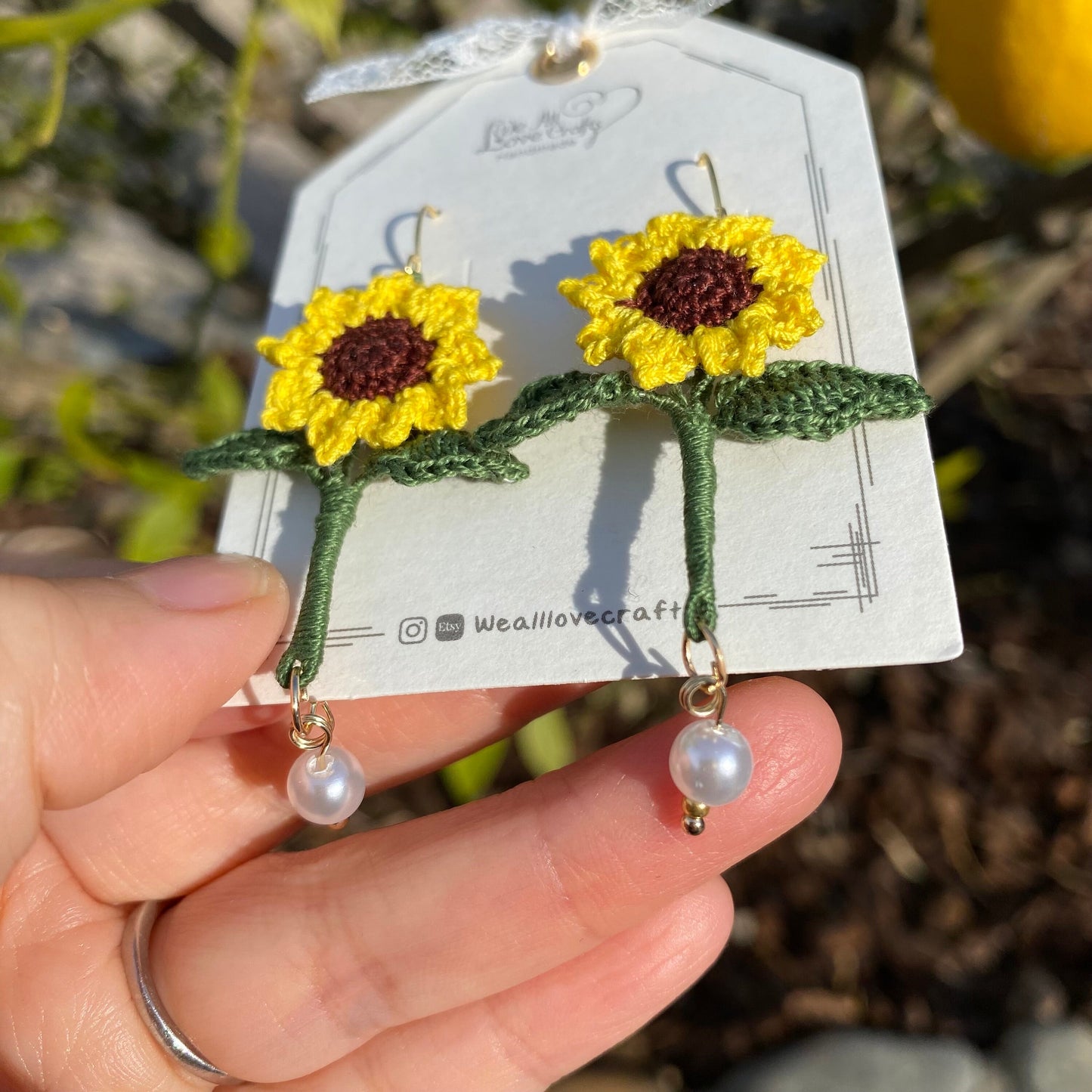 Yellow Sunflower dangle earrings with pearls/Microcrochet/14k gold/fall flower gift for her/Knitting handmade jewelry/3D flower/Ship from US