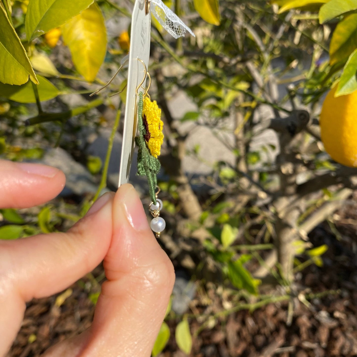 Yellow Sunflower dangle earrings with pearls/Microcrochet/14k gold/fall flower gift for her/Knitting handmade jewelry/3D flower/Ship from US