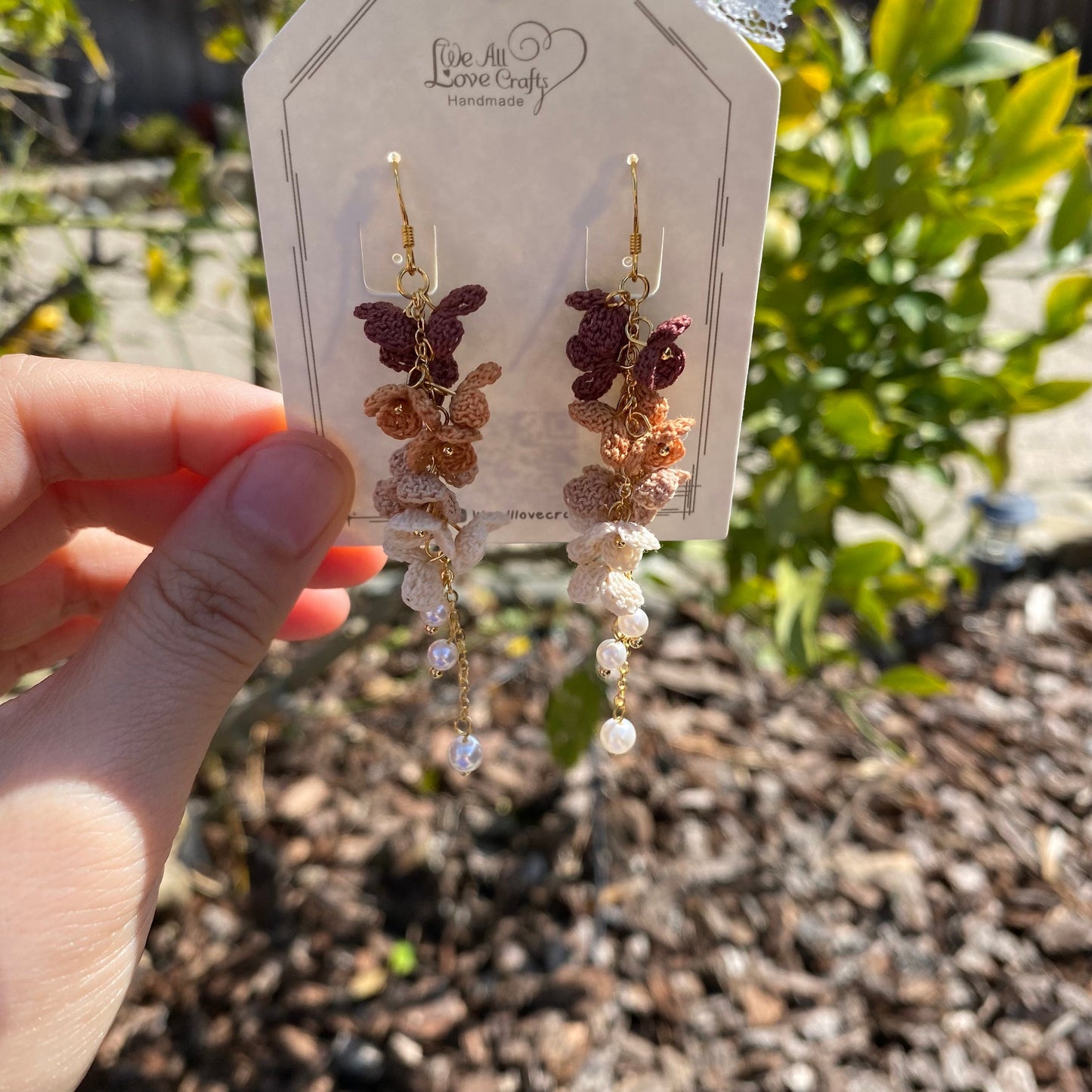 4 shades of Brown and Beige ombre flower cluster crochet dangle earrings/Microcrochet/14k gold/gift for her/Knitting handmade jewelry