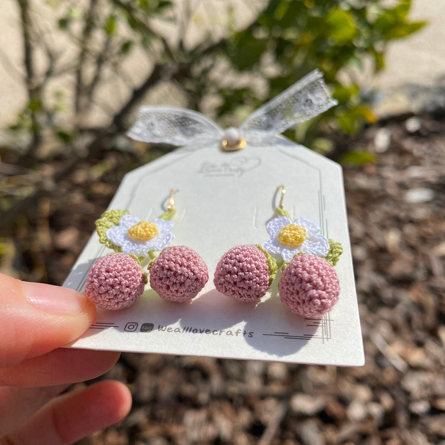Pink twin Strawberry flower crochet dangle earrings/Microcrochet/14k gold jewelry/Summer berry fruit/Kawaii jewelry/Ship from US