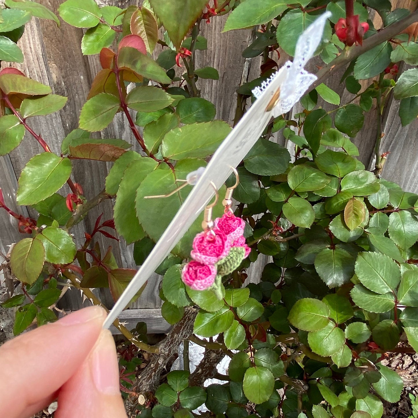 Magenta Pink rose flower crochet dangle earrings/Microcrochet/14k gold/love gift for her/Knitting handmade jewelry/Ship from US