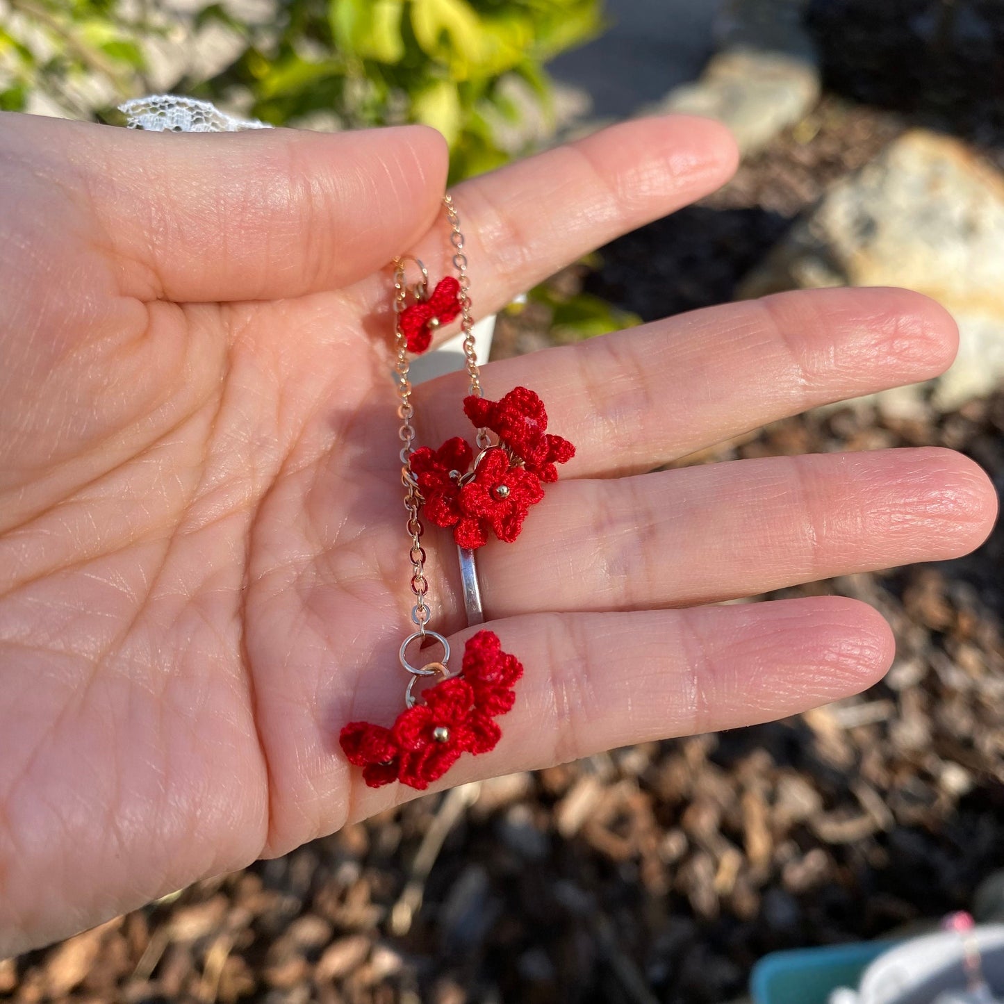 Red four petal flower cluster crochet dangle earrings/Microcrochet/14k gold/gift for her/Knitting handmade jewelry/Ship from US