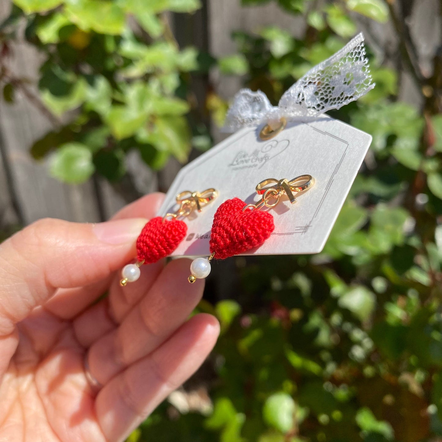 Red 3D heart with gold bow tie and pearl crochet stud earrings/Microcrochet/14k gold plated/gift for her/Knitting handmade jewelry