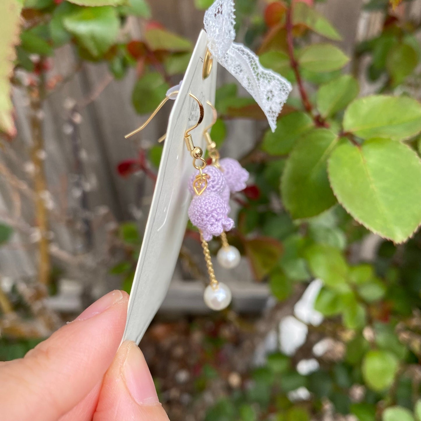 Purple Lily of the valley flower with pearl crochet dangle earrings/bell shaped/ Microcrochet/gift for her/Knitting handmade jewelry